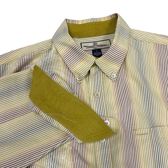Tommy Bahama Gold 100% Silk Stripe Palm Tree Motif Long Sleeve Shirt Size L - Picture 3 of 13